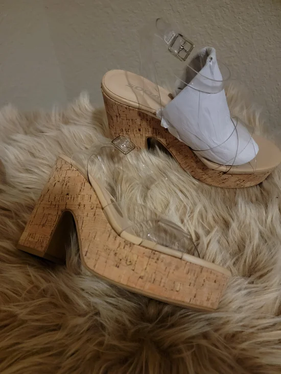 Soda Clear Strap Cork Platform Heels - White & Natural - Picture 2 of 4